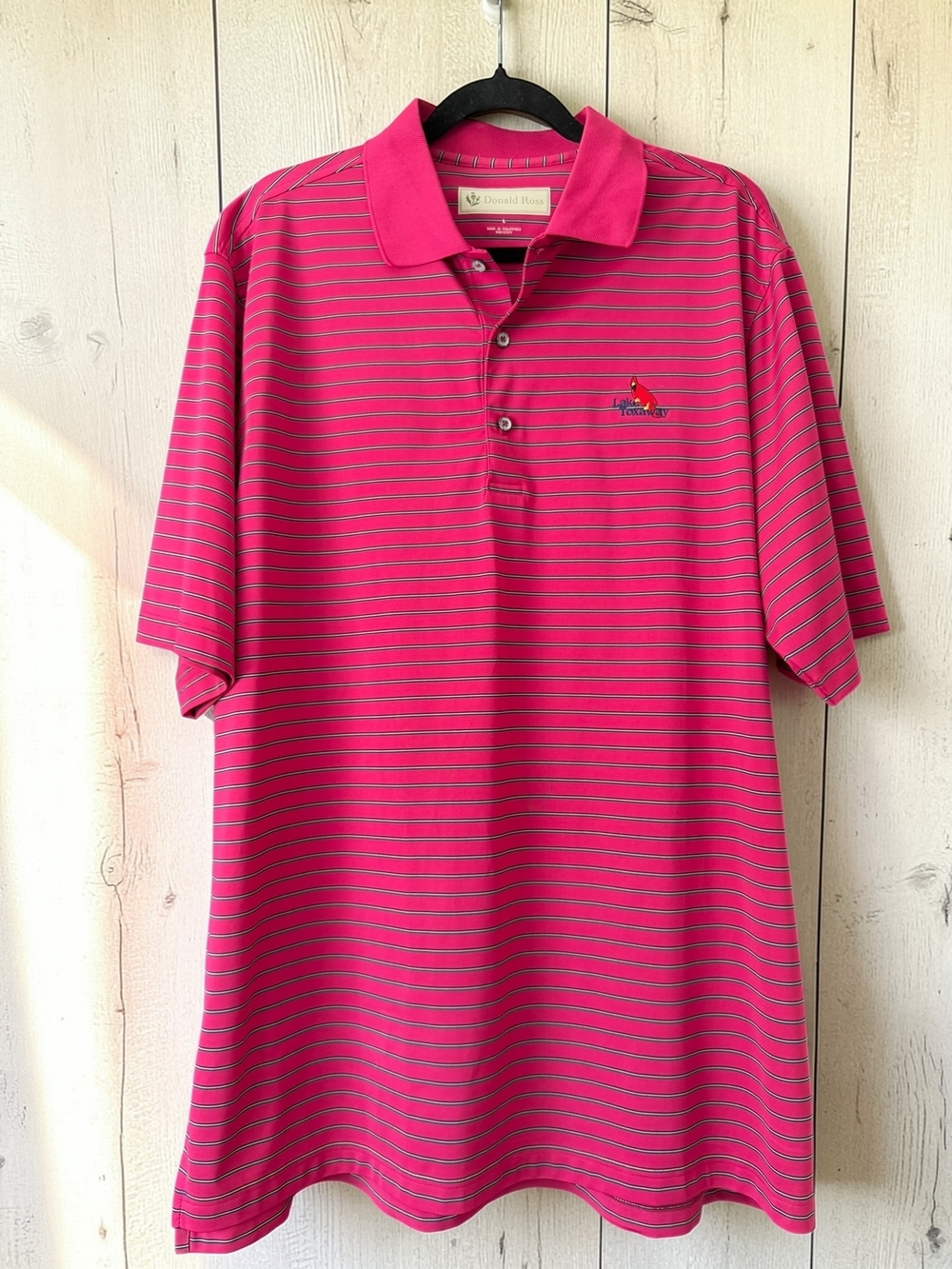 Donald Ross Golf Polo Shirt Mens XL Pink Striped Lake Toxaway Logo Performance